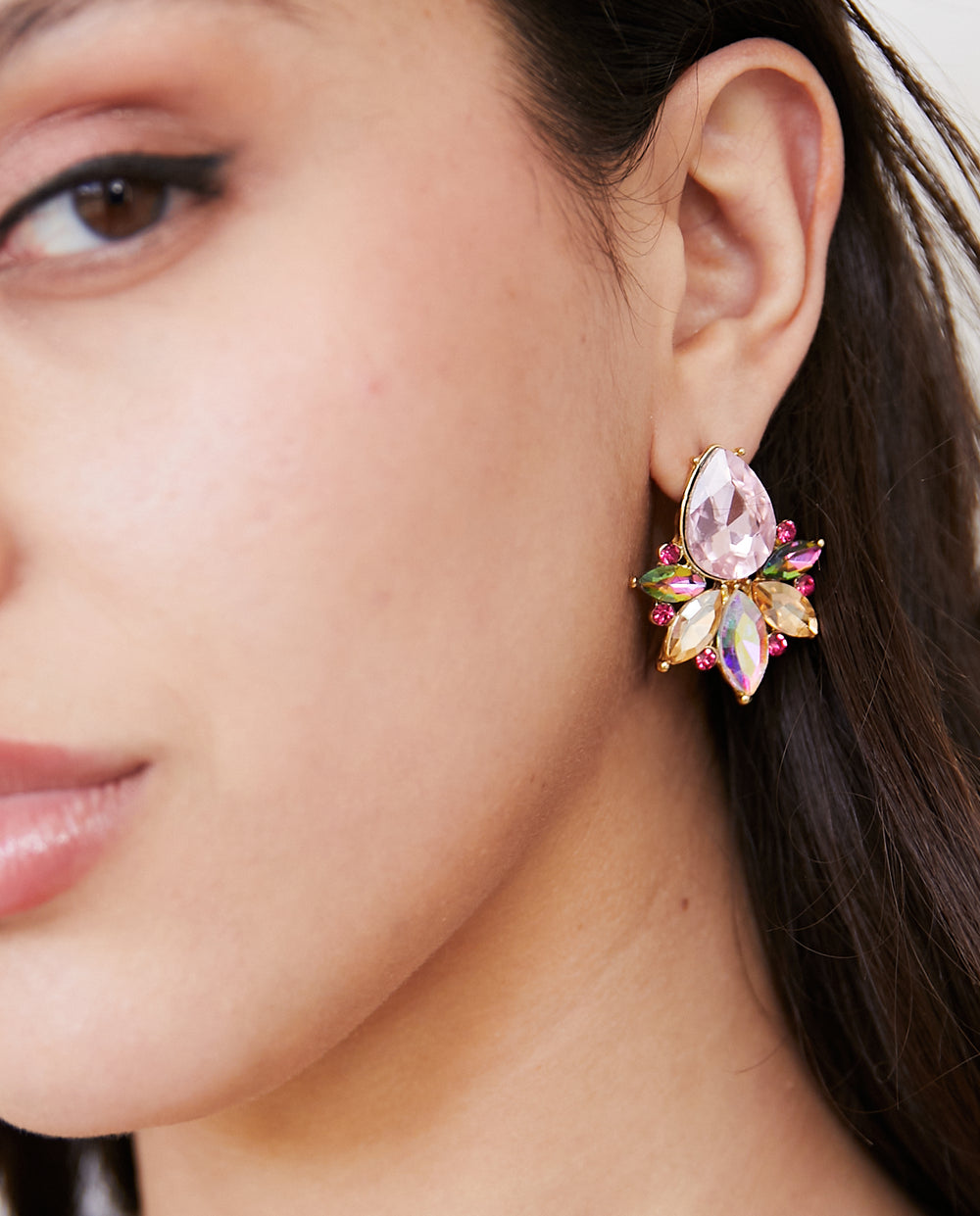 Aros Emma Gota Piedras Y Strass Rosado Tornasol