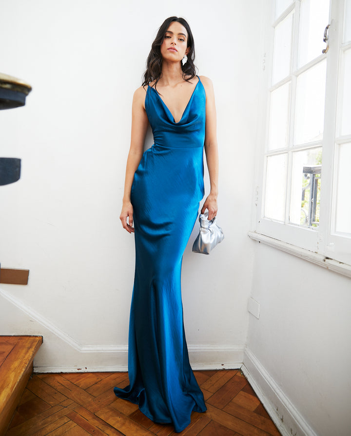 Vestido Largo de Fiesta Dominga Turquesa Oscuro