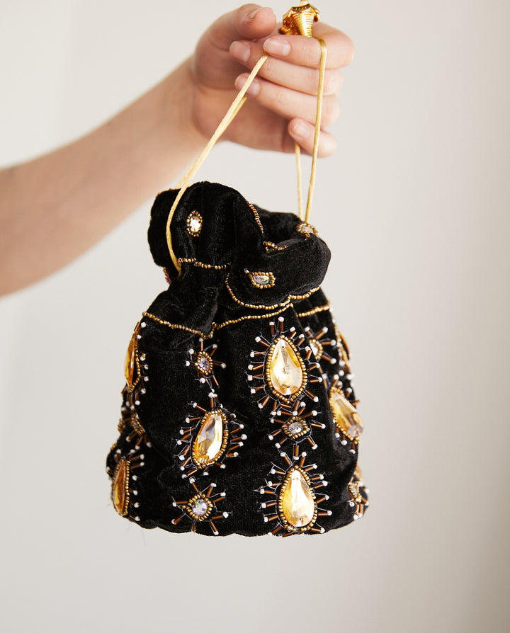 Bolso Indio Maya Terciopelo Gotas Negro