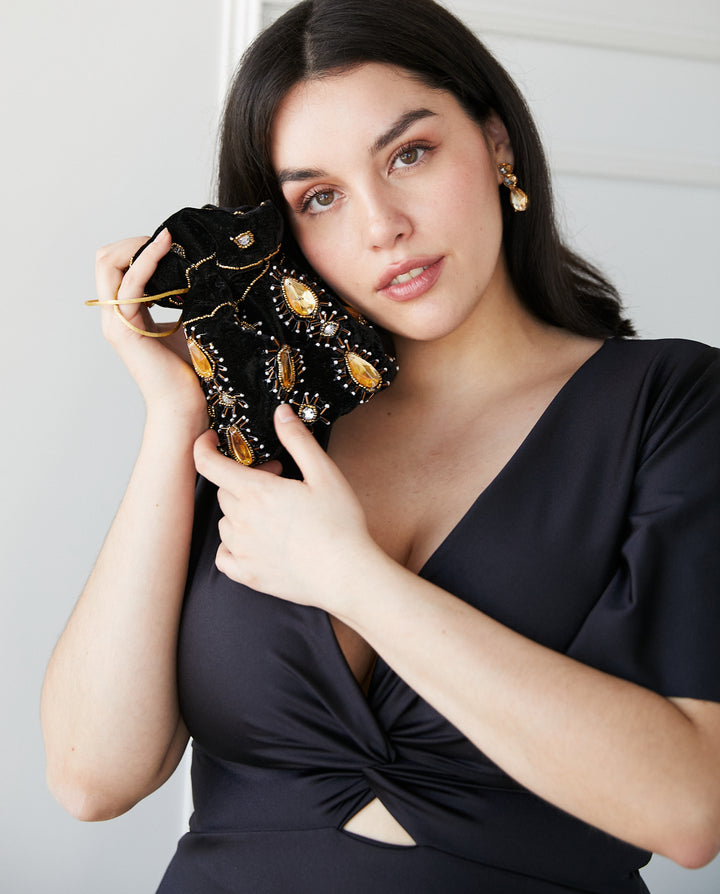 Bolso Indio Maya Terciopelo Gotas Negro