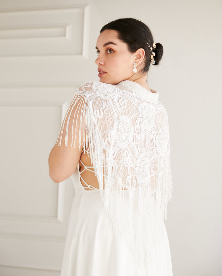 Capa Bordada de Mostacilla Marala Blanca/Blanca