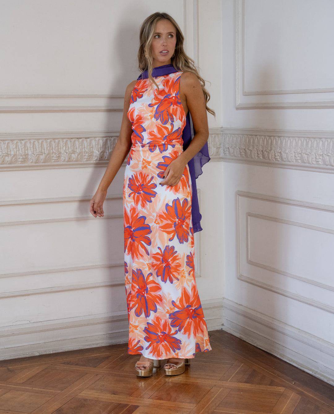 Vestido de Fiesta Vania Estampado Naranjo