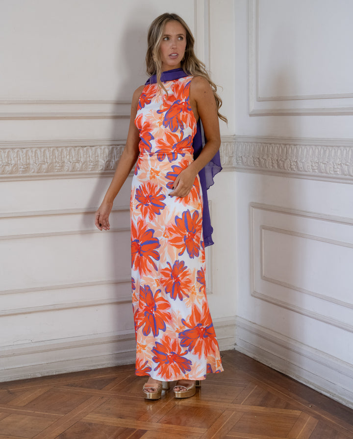 Vestido de Fiesta Vania Estampado Naranjo