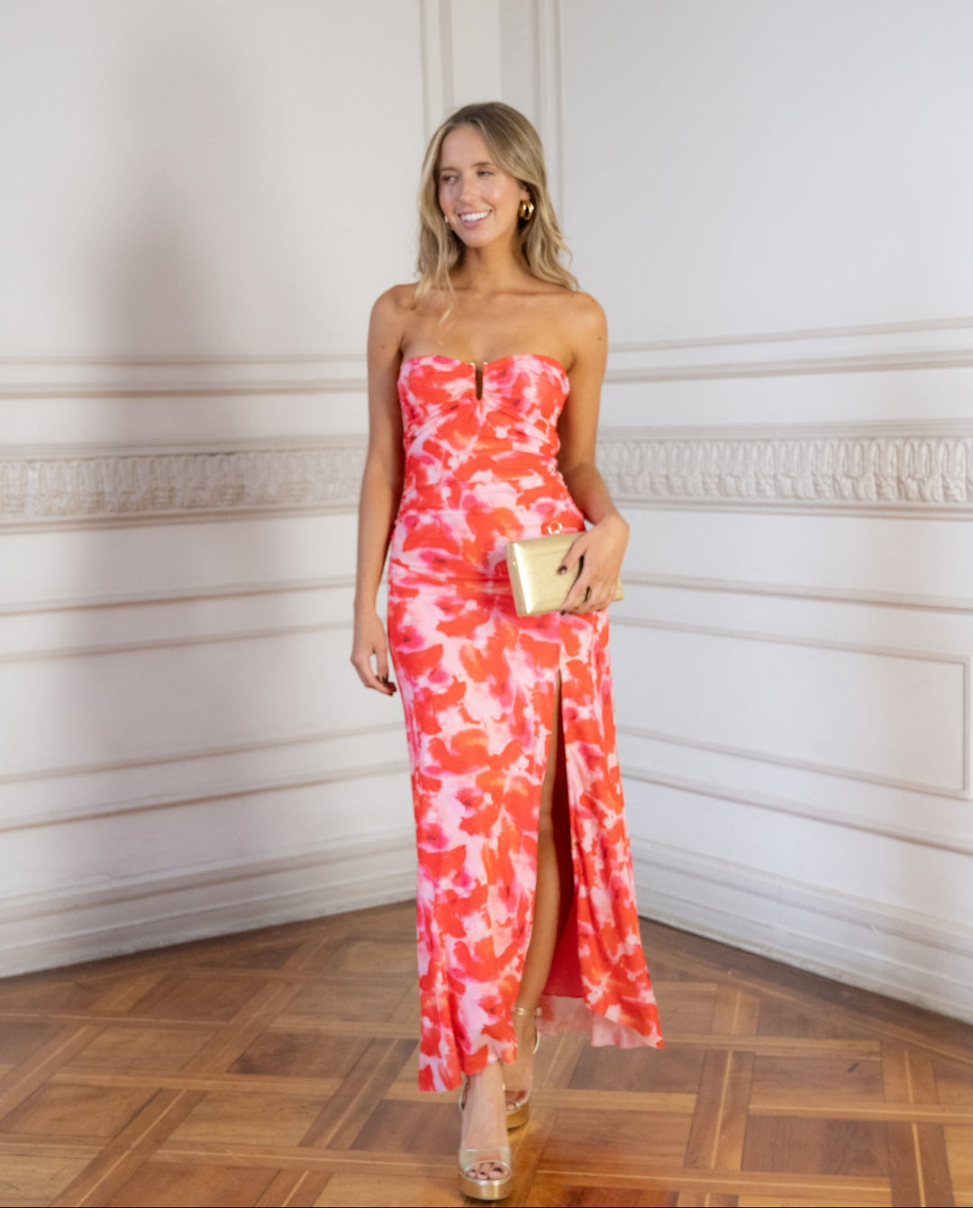 Vestido Largo de Fiesta Popi Estampado Fondo Rojo