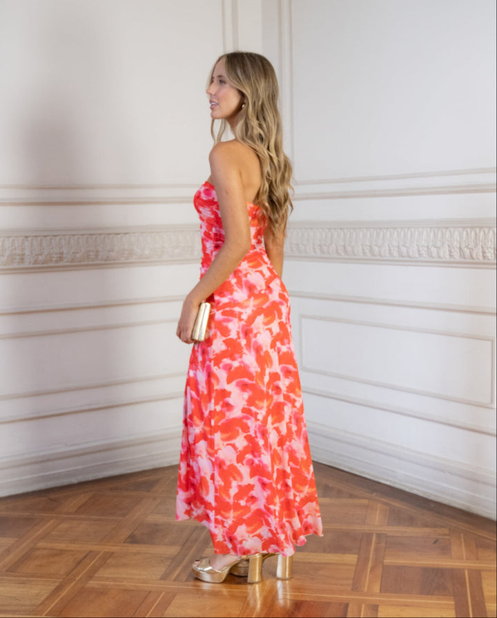 Vestido Largo de Fiesta Popi Estampado Fondo Rojo