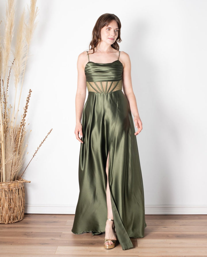 Vestido Largo de Fiesta Karina Corset Verde Olivo