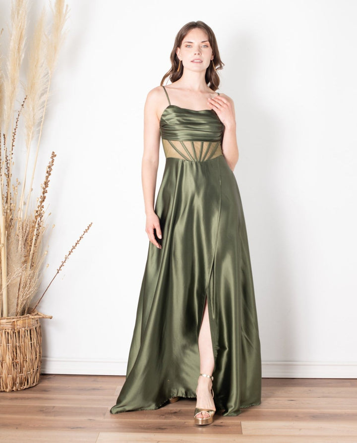 Vestido Largo de Fiesta Karina Corset Verde Olivo