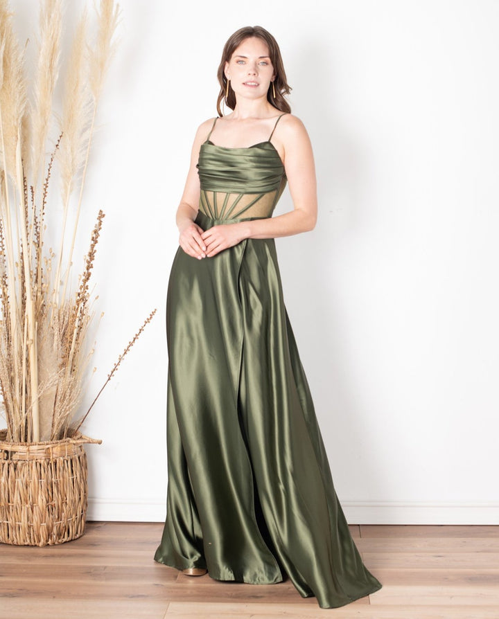 Vestido Largo de Fiesta Karina Corset Verde Olivo