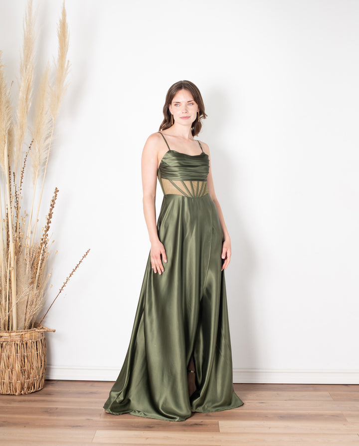 Vestido Largo de Fiesta Karina Corset Verde Olivo