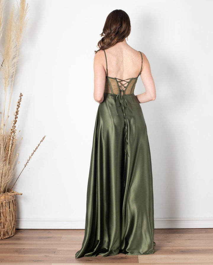 Vestido Largo de Fiesta Karina Corset Verde Olivo