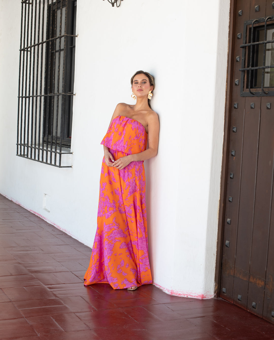 Vestido Largo de Fiesta Valentina Estampado Naranjo/Fucsia