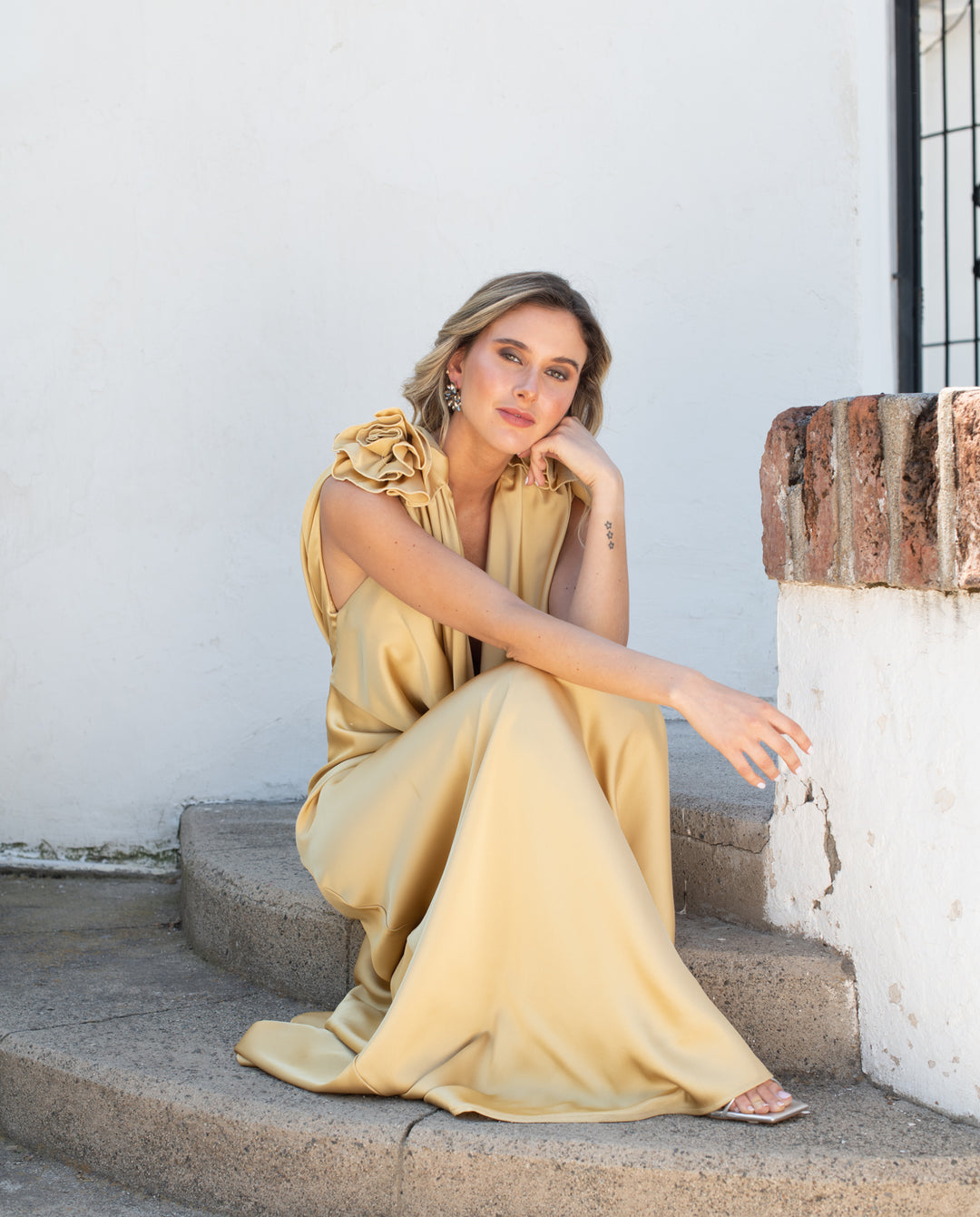 Vestido Largo de Fiesta Cartagena Flores Dorado