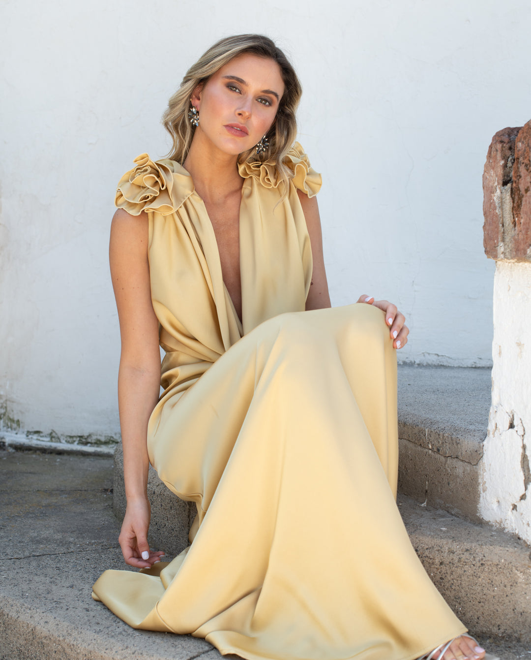 Vestido Largo de Fiesta Cartagena Flores Dorado