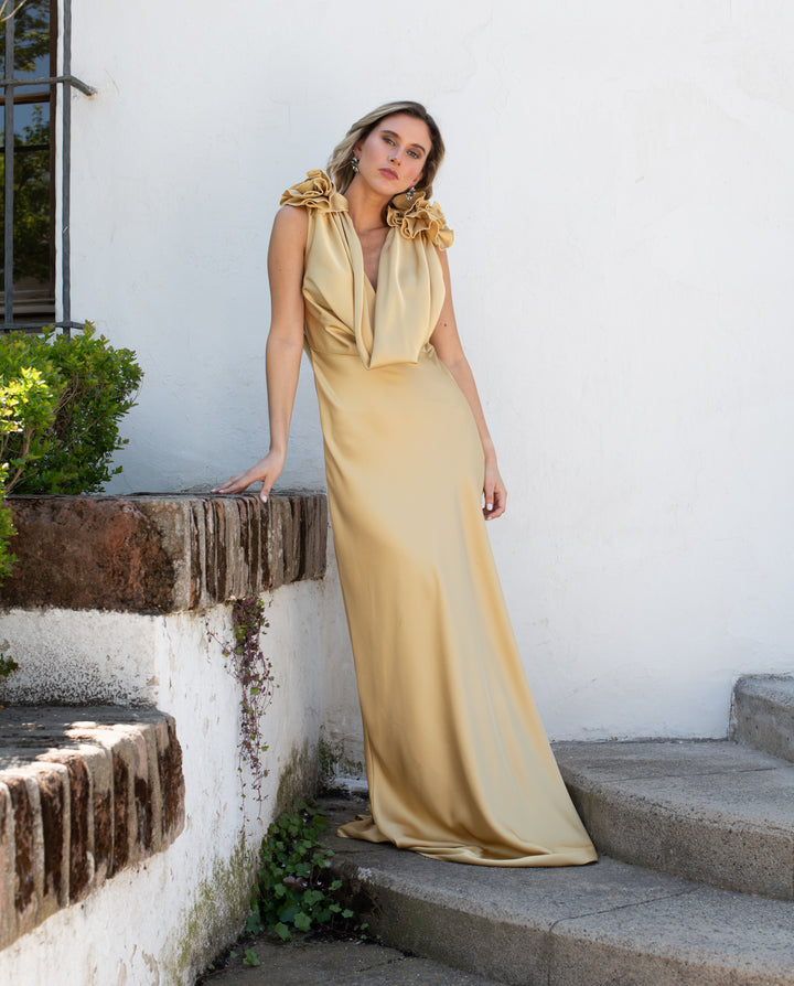 Vestido Largo de Fiesta Cartagena Flores Dorado