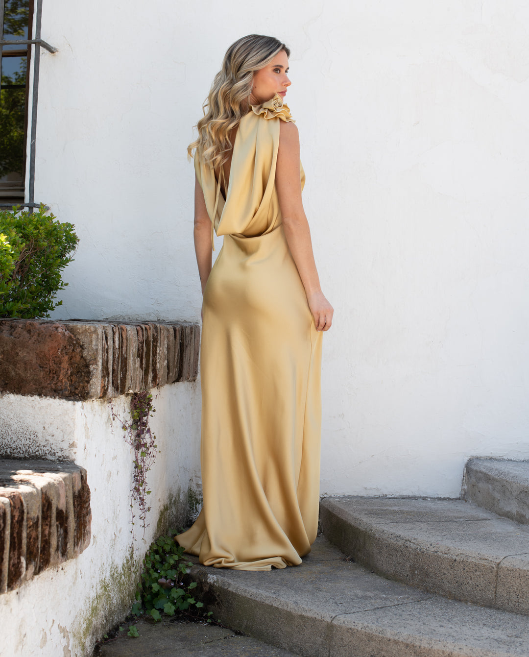 Vestido Largo de Fiesta Cartagena Flores Dorado