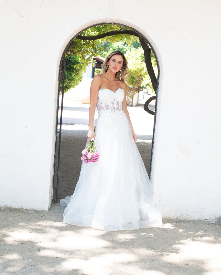 Vestido Largo de Novia Karin Manga Desmontable Blanco