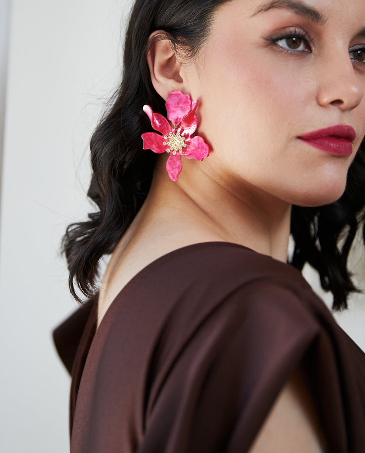 Aros Maxi Flor Brillo Fucsia