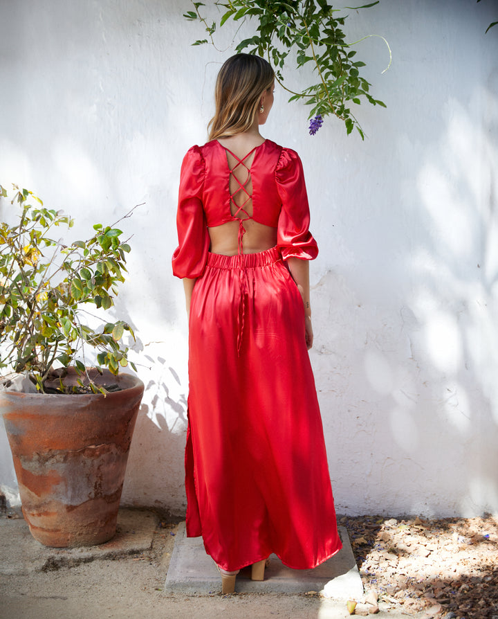 Vestido Largo de Fiesta Lia Manga Midi Rojo