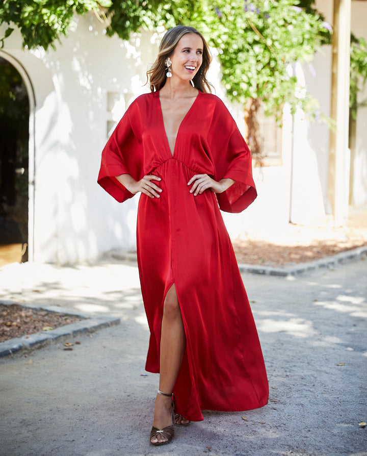 Vestido Largo de Fiesta Pola Satín Rojo