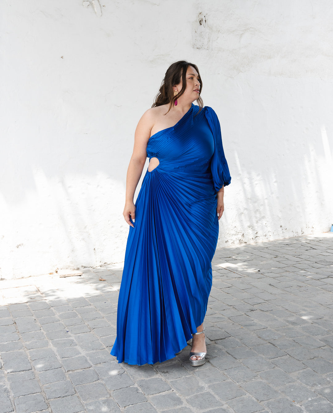 Vestido Largo de Fiesta Lucía Una Manga Azul Royal