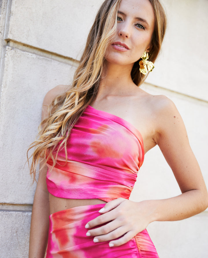 Vestido Largo de Fiesta Almendra Fondo Fucsia