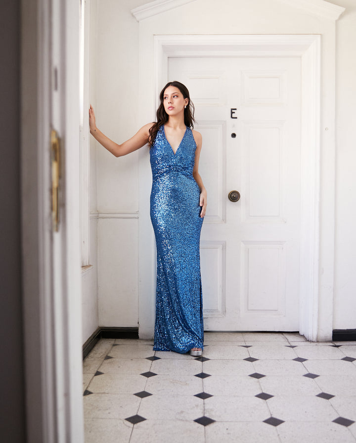 Vestido Largo de Fiesta Amara Lentejuelas Azul