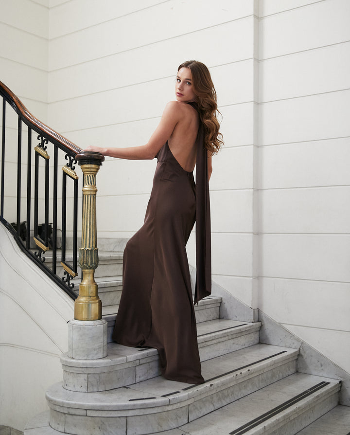 Vestido Largo de Fiesta Budapest Escote Drapeado Chocolate