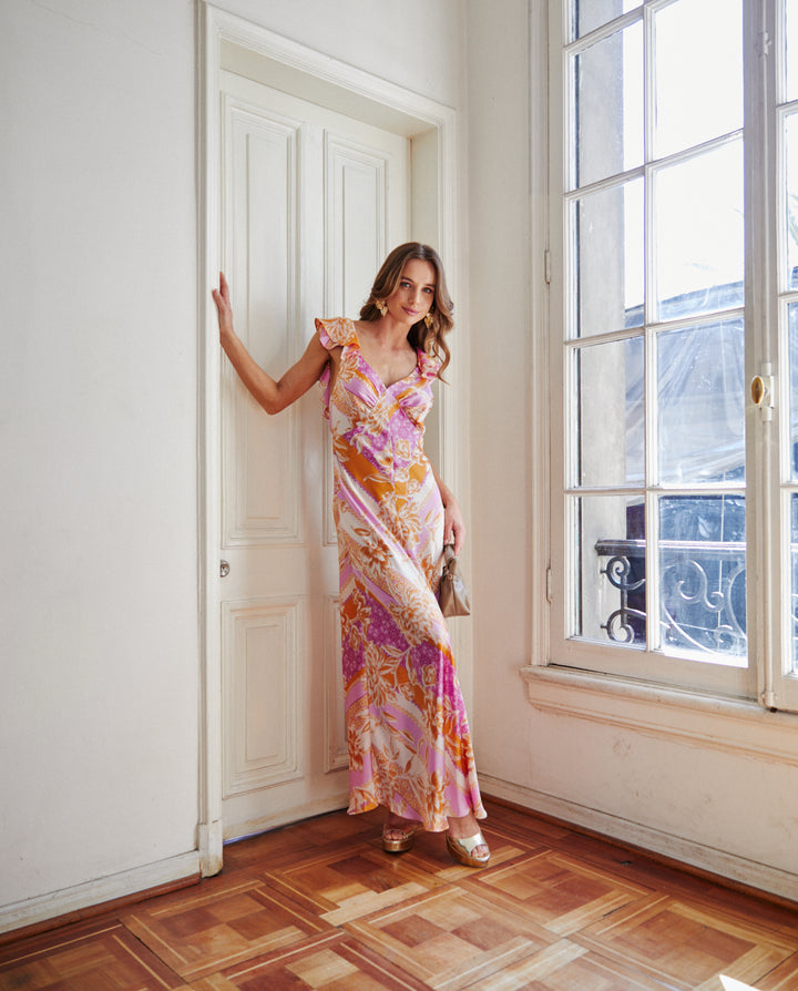 Vestido Largo de Fiesta Canela Fondo Rosado