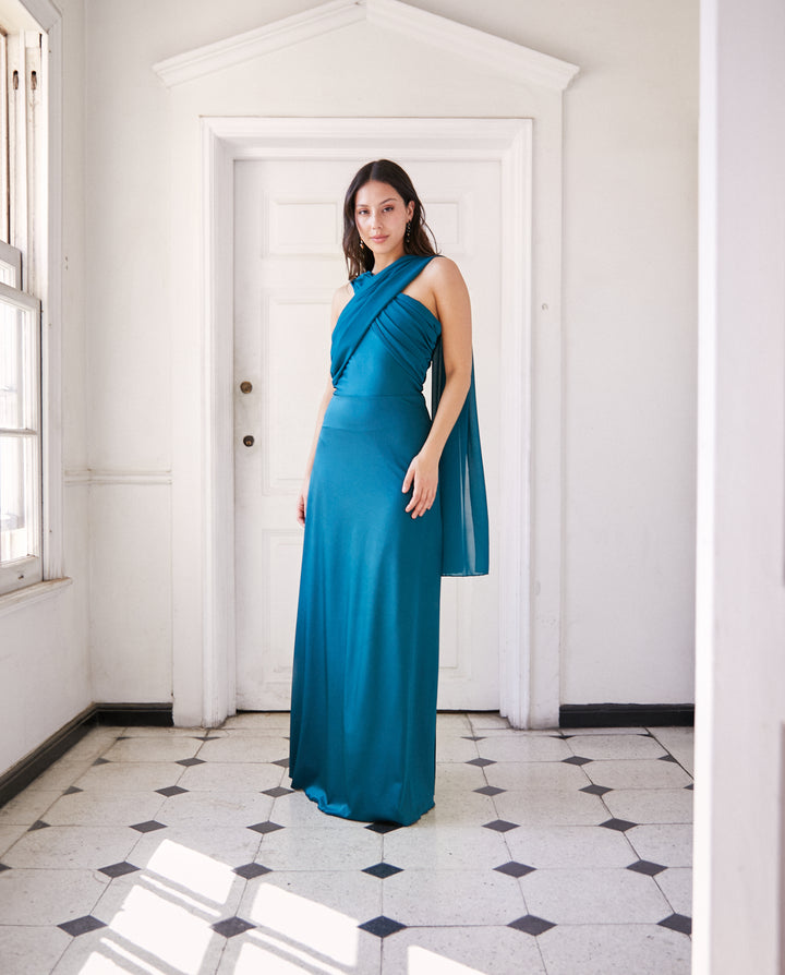 Vestido Largo de Fiesta Gabriela Lazos Gasa Turquesa Oscuro