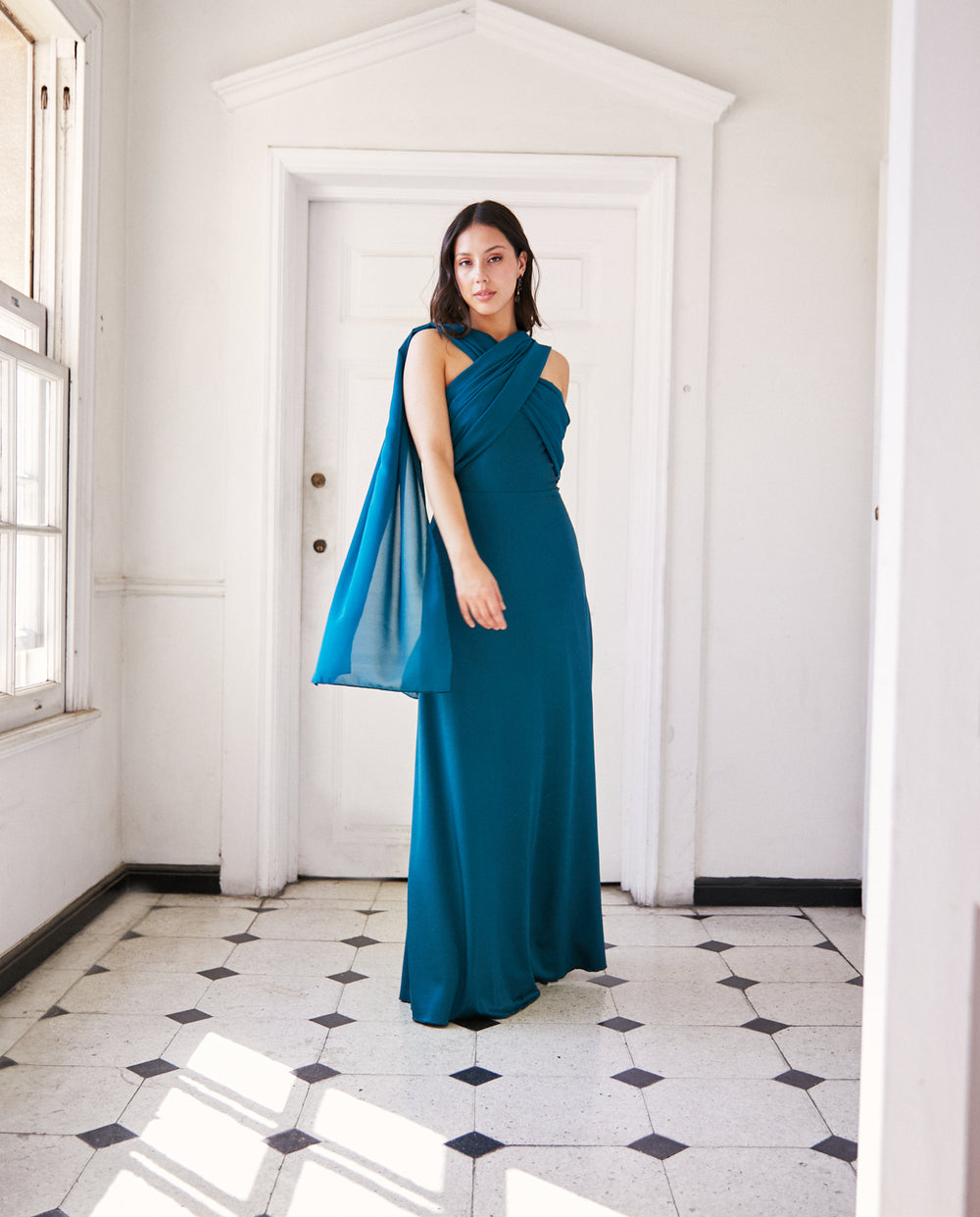 Vestido Largo de Fiesta Gabriela Lazos Gasa Turquesa Oscuro