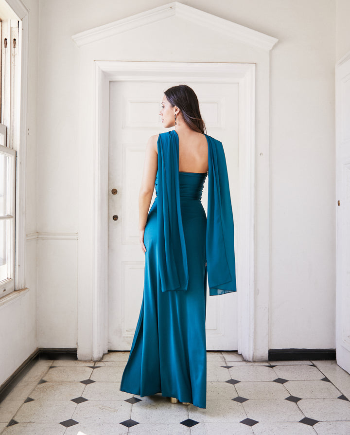 Vestido Largo de Fiesta Gabriela Lazos Gasa Turquesa Oscuro