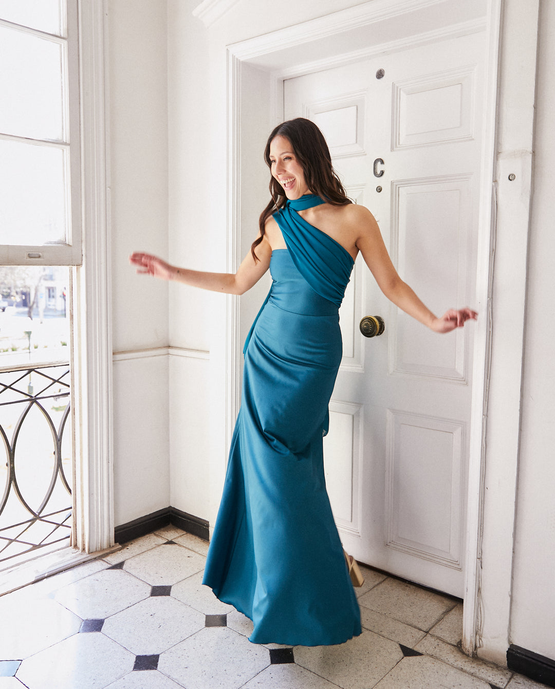 Vestido Largo de Fiesta Gabriela Lazos Gasa Turquesa Oscuro