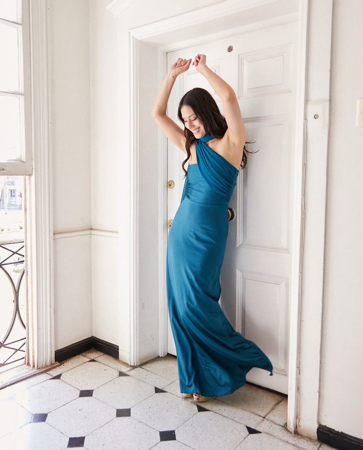 Vestido Largo de Fiesta Gabriela Lazos Gasa Turquesa Oscuro