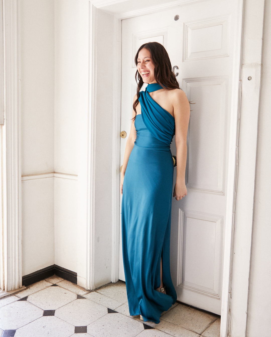 Vestido Largo de Fiesta Gabriela Lazos Gasa Turquesa Oscuro