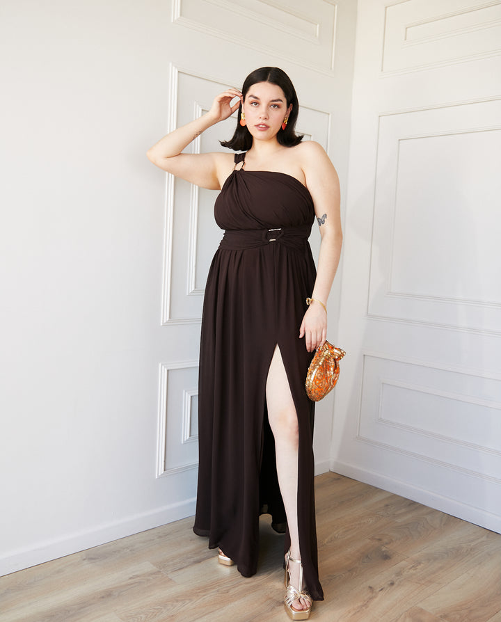 Vestido Largo de Fiesta Luxemburgo Asimetrico Chocolate