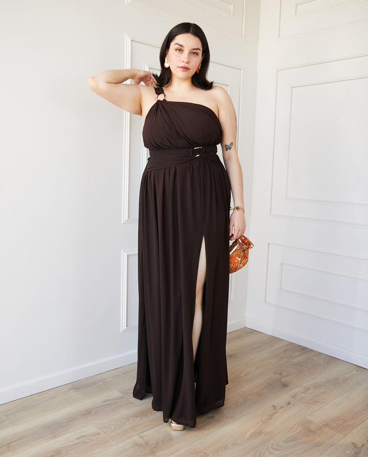 Vestido Largo de Fiesta Luxemburgo Asimetrico Chocolate