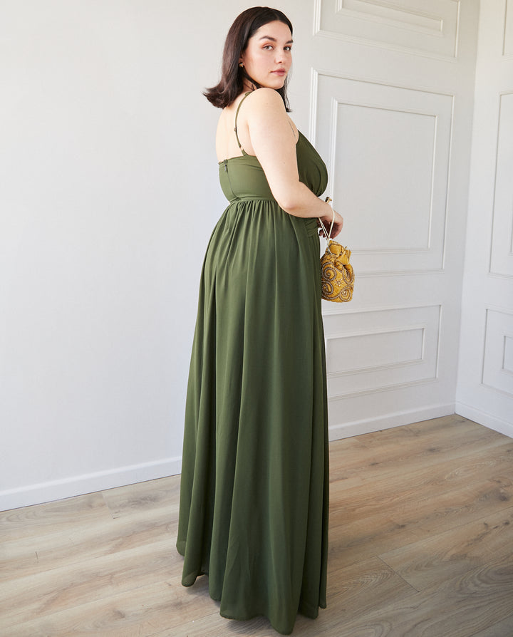 Vestido Largo de Fiesta Luxemburgo Asimetrico Verde Olivo