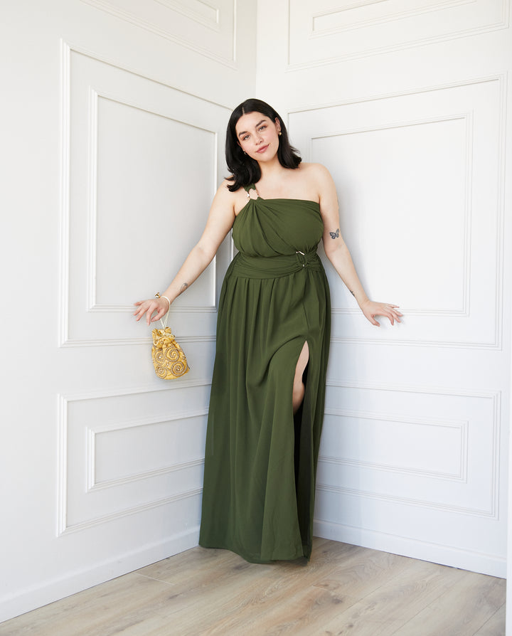 Vestido Largo de Fiesta Luxemburgo Asimetrico Verde Olivo