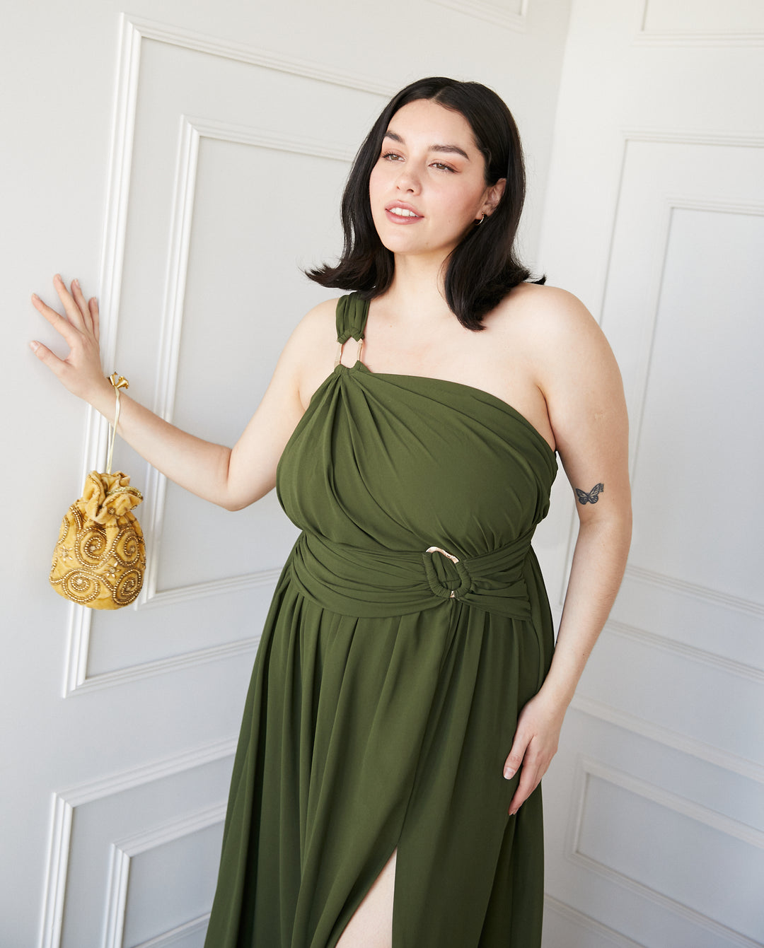 Vestido Largo de Fiesta Luxemburgo Asimetrico Verde Olivo