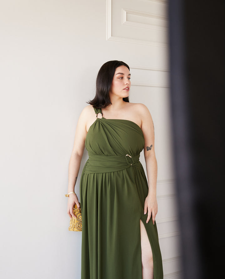 Vestido Largo de Fiesta Luxemburgo Asimetrico Verde Olivo