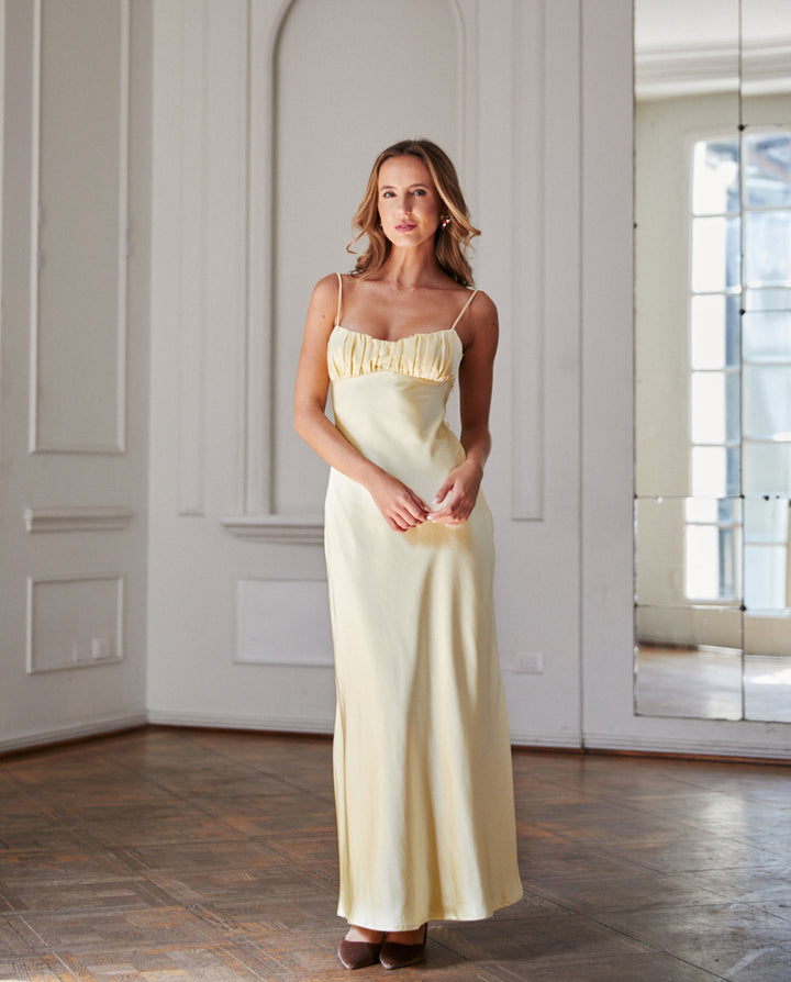 Vestido Largo de Fiesta Moscú Satín Amarillo