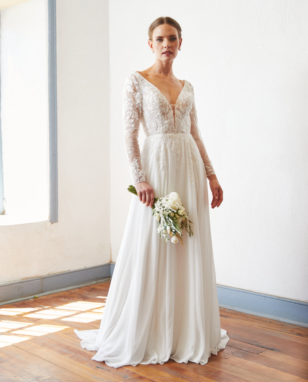 Vestido Largo de Novia Clair Cierre Gasa Ivory