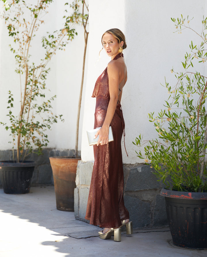 Vestido Largo de Fiesta Loreta Chocolate Metalizado