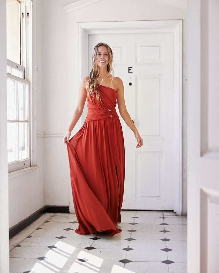 Vestido Largo de Fiesta Luxemburgo Asimetrico Terracota