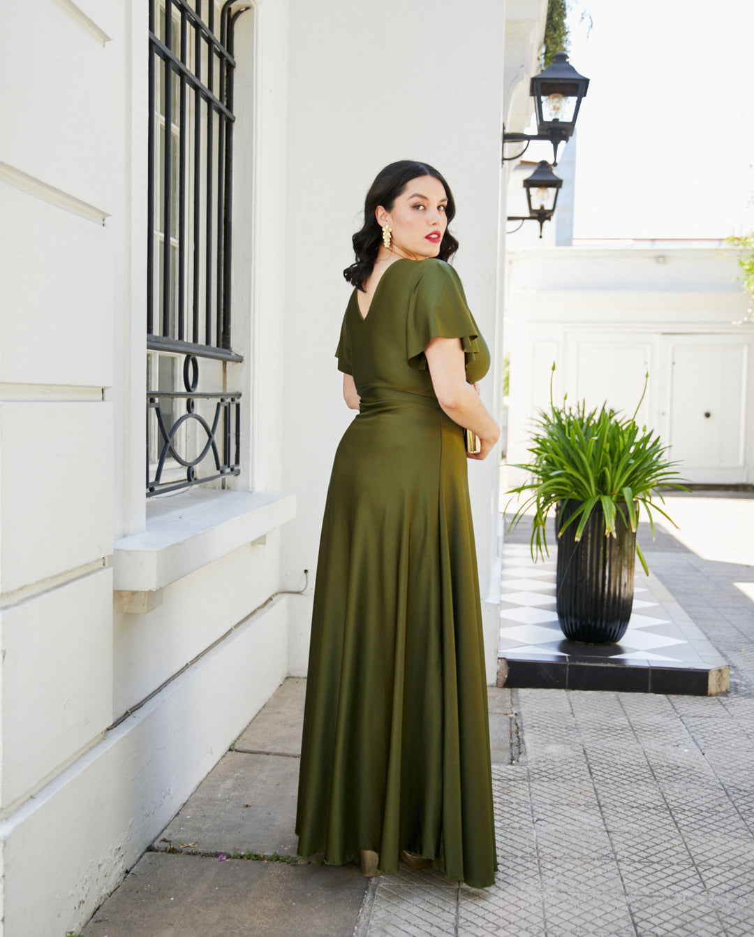 Vestido Largo de Fiesta Meli Mangas Verde Olivo