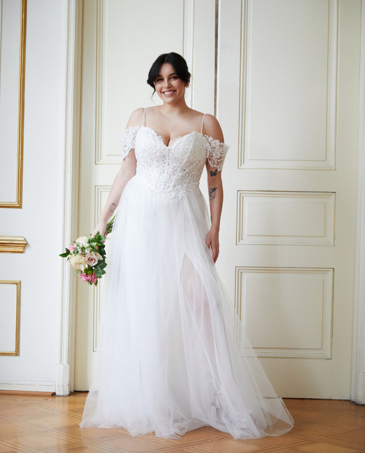 Vestido Largo de Novia Beatrice Manga Caida Blanco