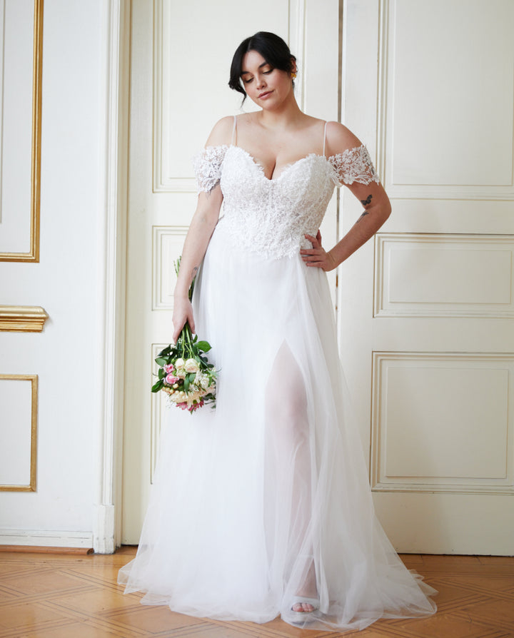 Vestido Largo de Novia Beatrice Manga Caida Blanco