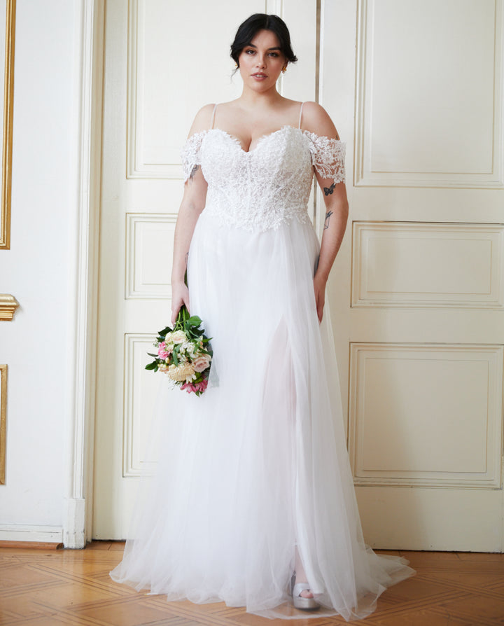 Vestido Largo de Novia Beatrice Manga Caida Blanco