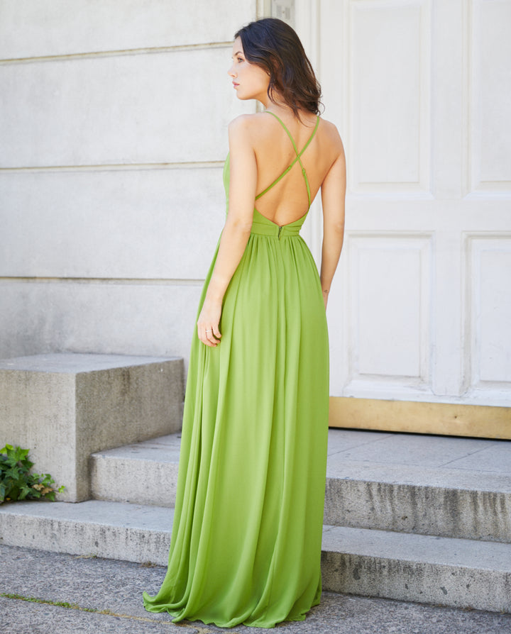 Vestido Largo de Fiesta Laura Gasa Verde Limón