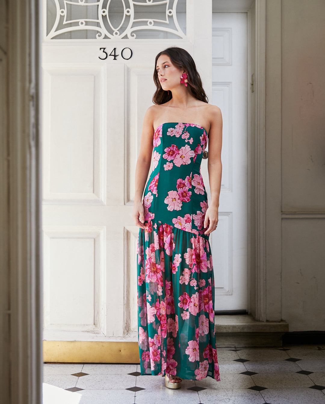 Vestido Largo de Fiesta Amapola Fondo Verde